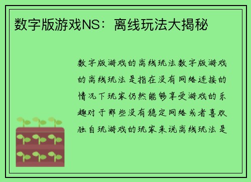 数字版游戏NS：离线玩法大揭秘